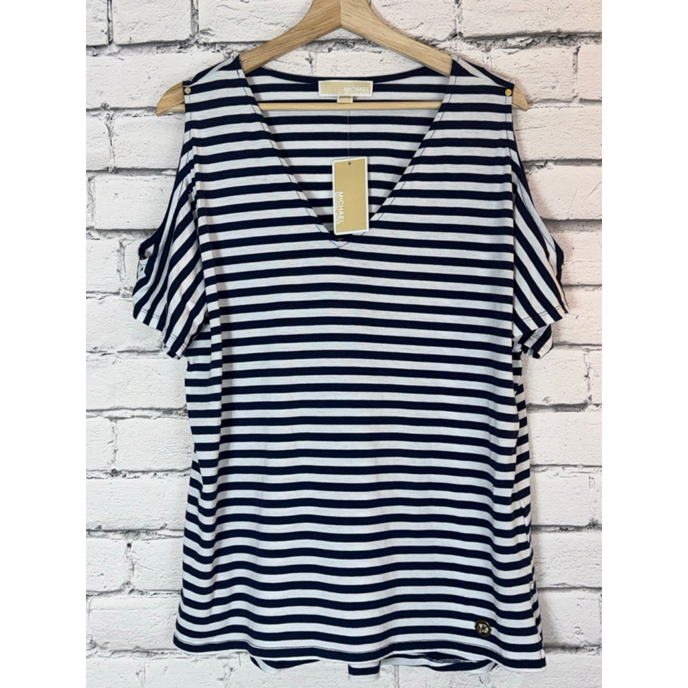 Women's Michael Kors Top Navy White Stripe Cold Shoulder Tee Shirt size XL NWT